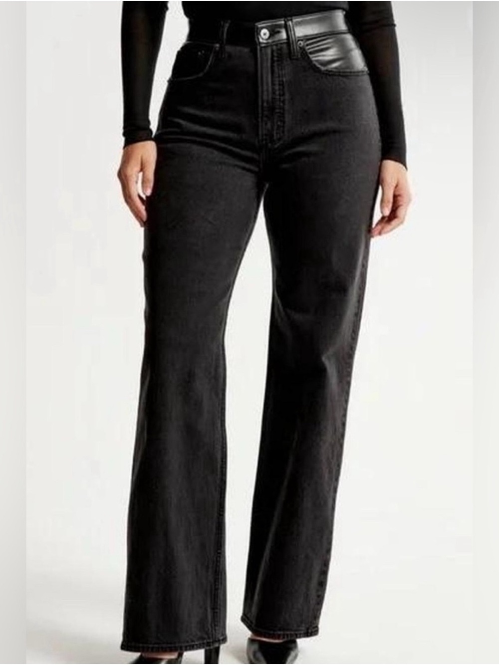 Abercrombie & Fitch Black with leather touch High-Rise straight leg Jeans